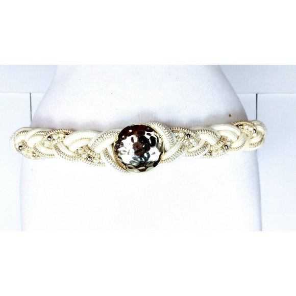 Vintage ivory braided gold medallion disc beaded rope belt/beaded woven chord